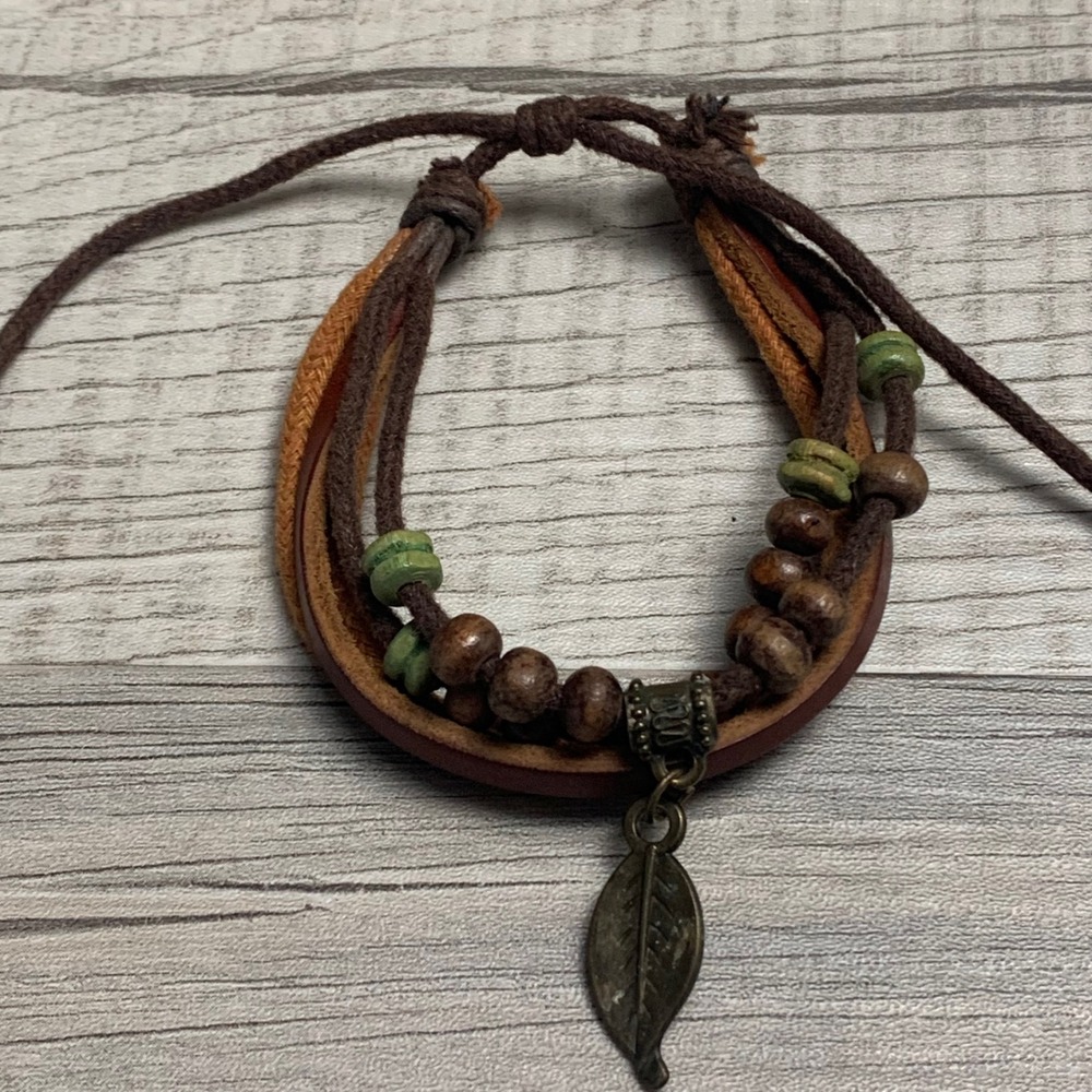 Boho Leather Multi-Strand Wood Bead Leaf Charm Adjustable Bracelet Brown Green